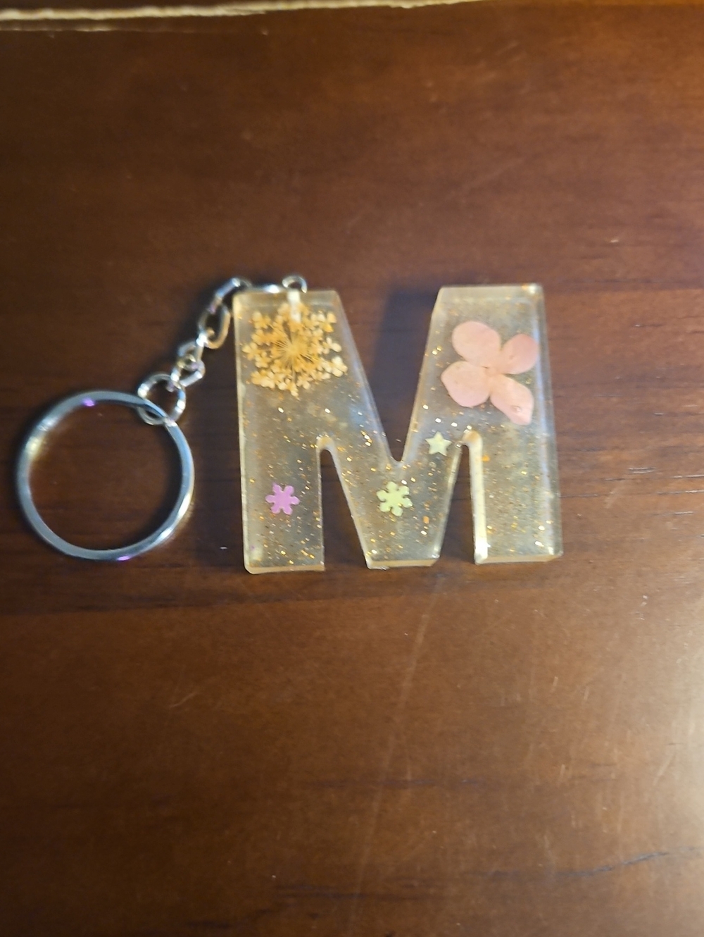 Letter M Resin Keychain with Pink Floral Inlay